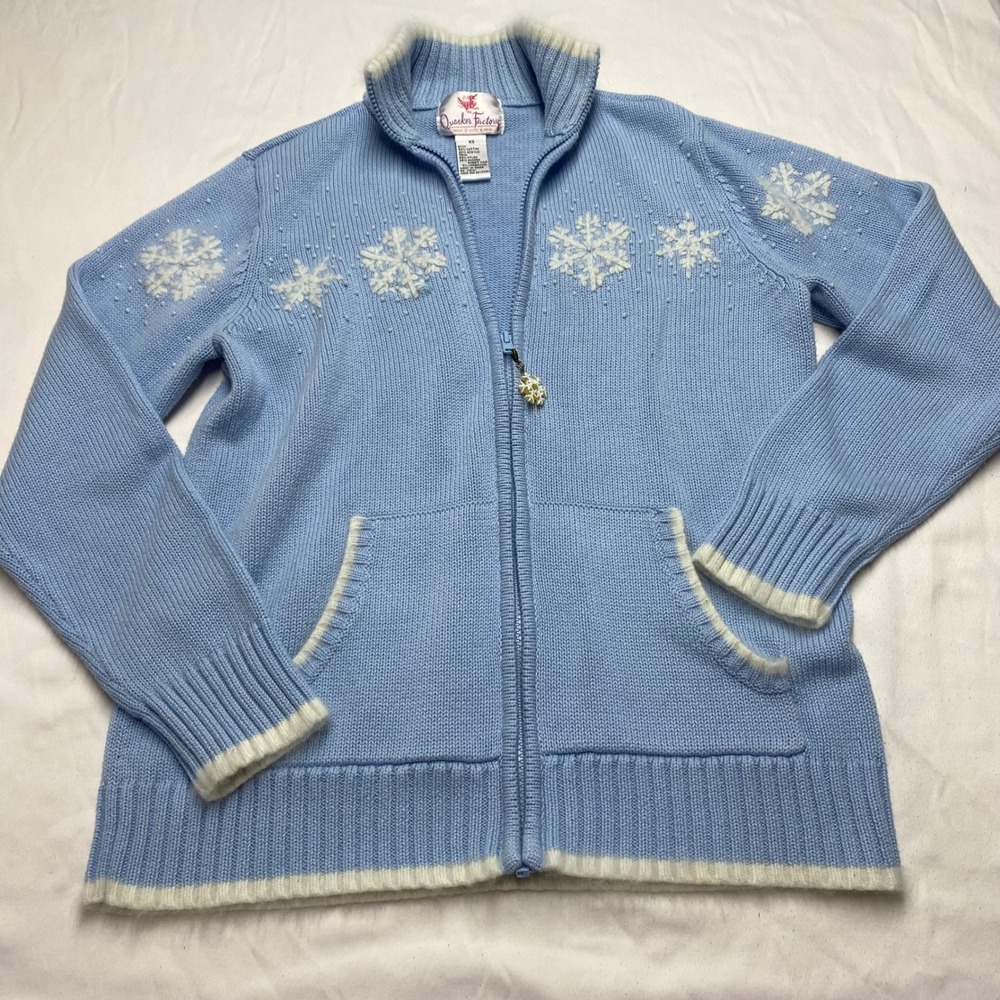 Quacker Factory Blue Snowflake Zip Up Cardigan Sweater Angora Trim Womens XS